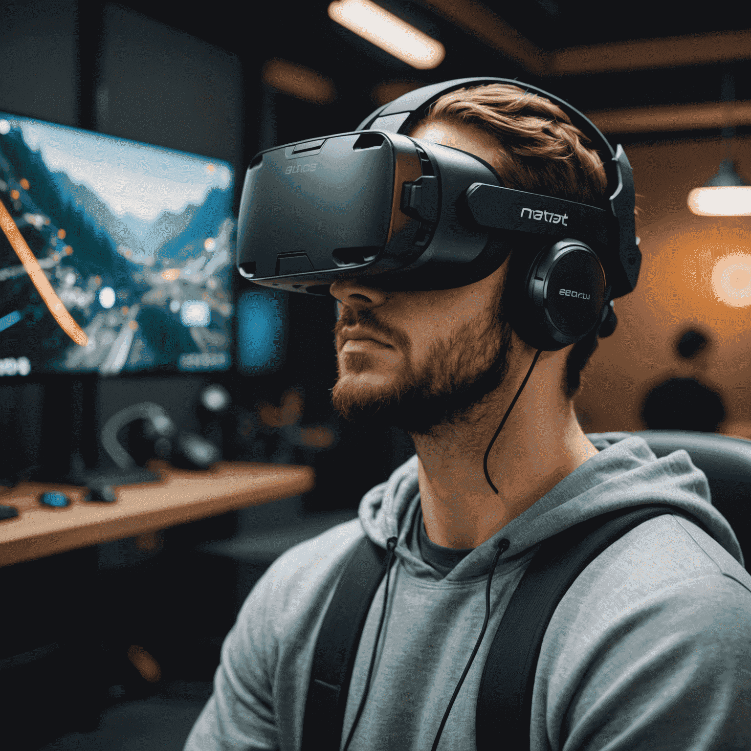 A gamer immersed in a hyper-realistic virtual reality environment, showcasing the potential of next-gen GPU technology